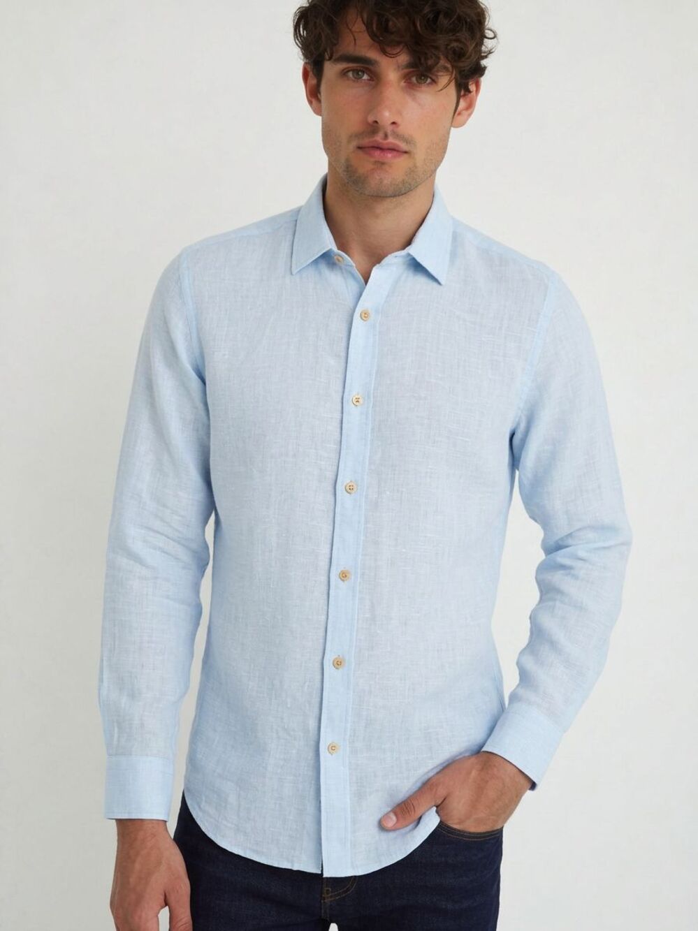 BLOOMINGDALES Shirt Mens XXL Solid Blue Button Up Long Sleeve 100% Linen